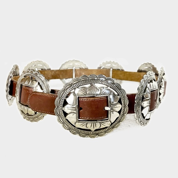 Brighton Accessories - Brighton Western Brown Leather Concho Belt with Metal Silver Tone details size L